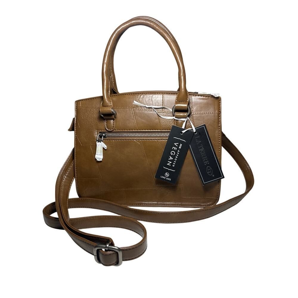 NWT La Terre Fashion Tan Vegan Leather Convertible Crossbody Satchel Purse Bag